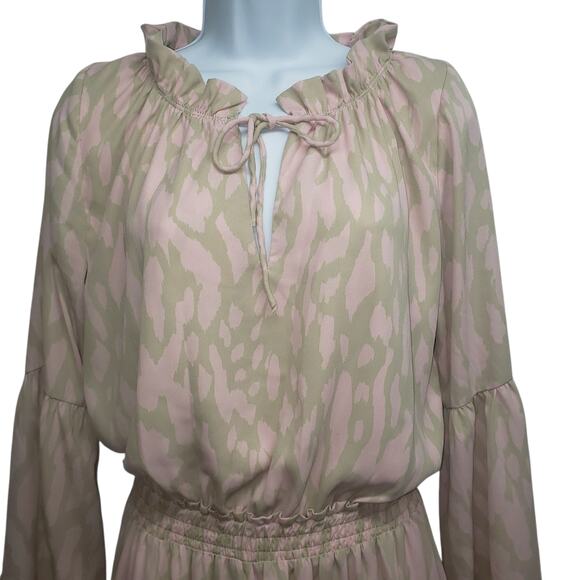 Buddy Love Leopard Print Zozo Mini Dress Sz M Pink Tan Ruffle Bell Sleeve Boho - Picture 5 of 12